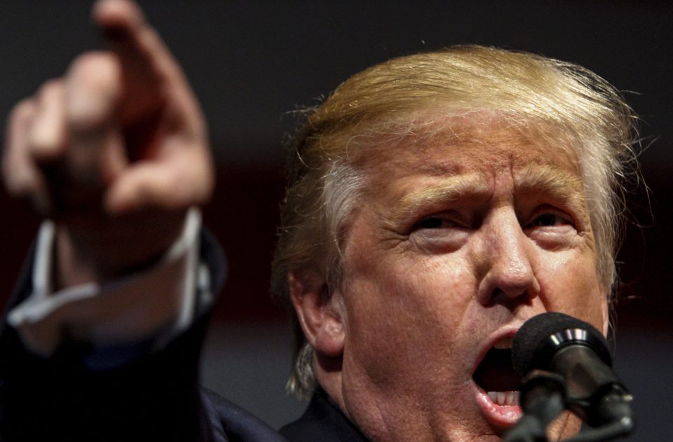 Republican presidential candidate Donald Trump speaks at a rally at Cross Insurance Center