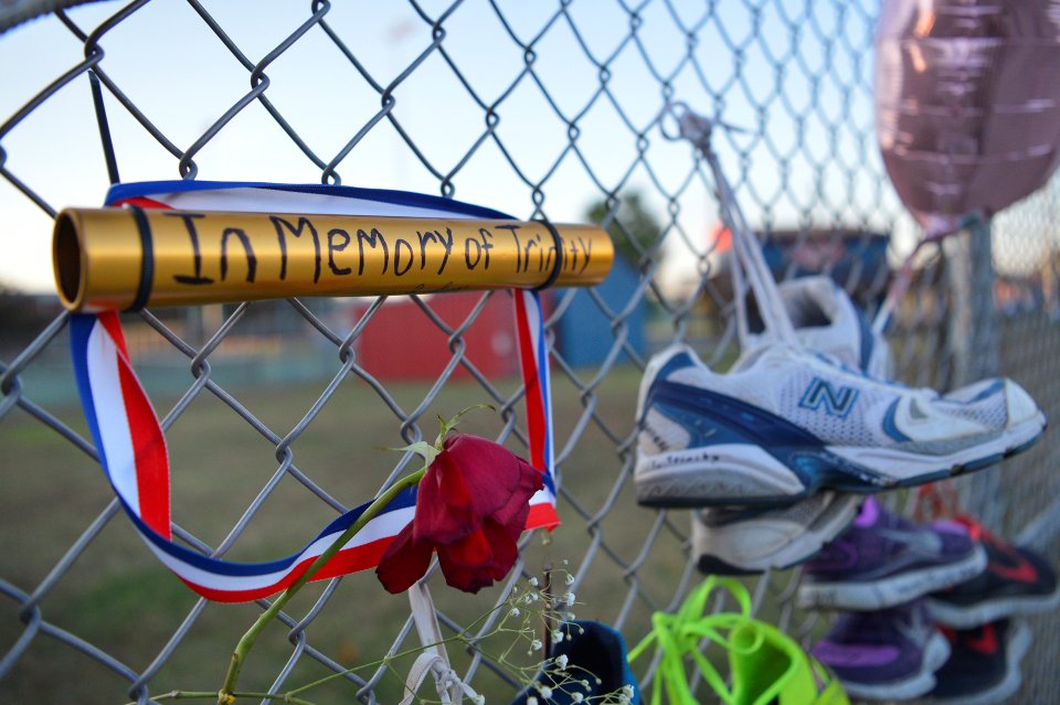 A memorial is seen on the campus of Lafayette High School for Trinity Gay