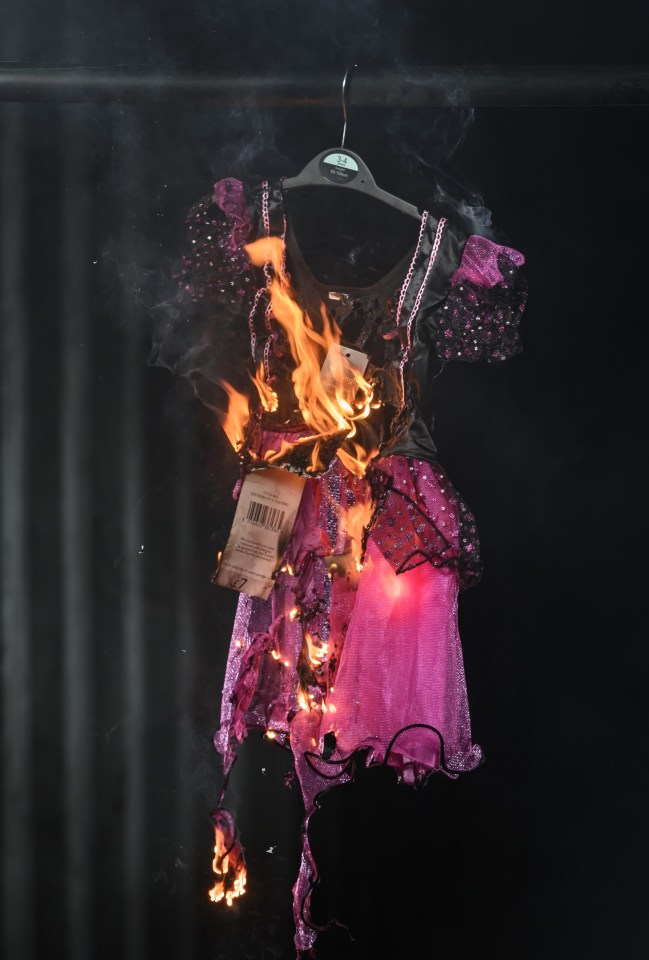 Ablaze . . . within 1min and 42 seconds the costume was on fire