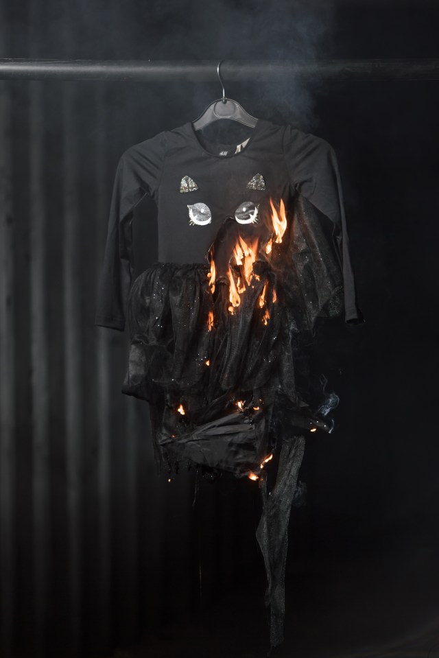 In flames at 1min 1sec . . . the dress burned completely after one minute and 35 seconds