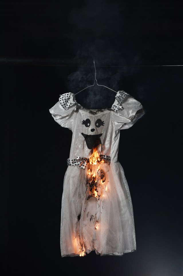 At 27 seconds . . . flames on fun costume took hold in 27 seconds