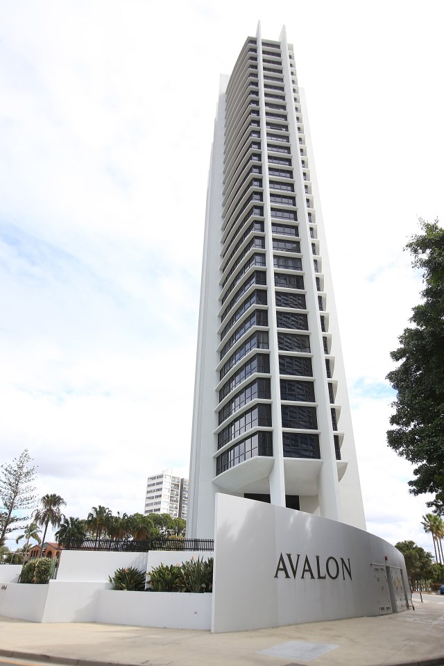 The Avalon apartment building in Surfers Paradise where Wright fell to her death after Tostee locked her on the balcony of his flat