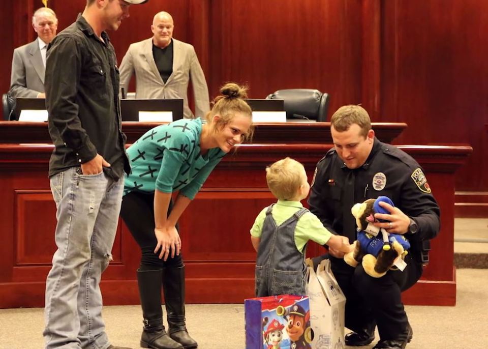 Miller was presented with an award for his heroic action and shared a shared a special moment with the boy whose life he saved