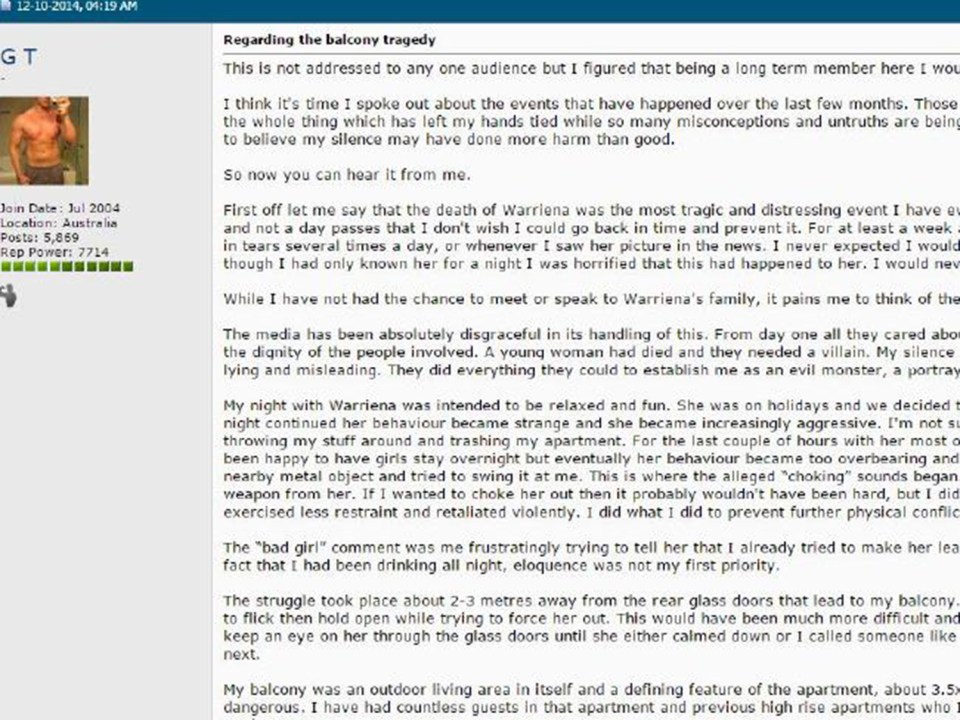 Gable Tostee left a 2,300 word explanation of his actions on an online bodybuilding forum