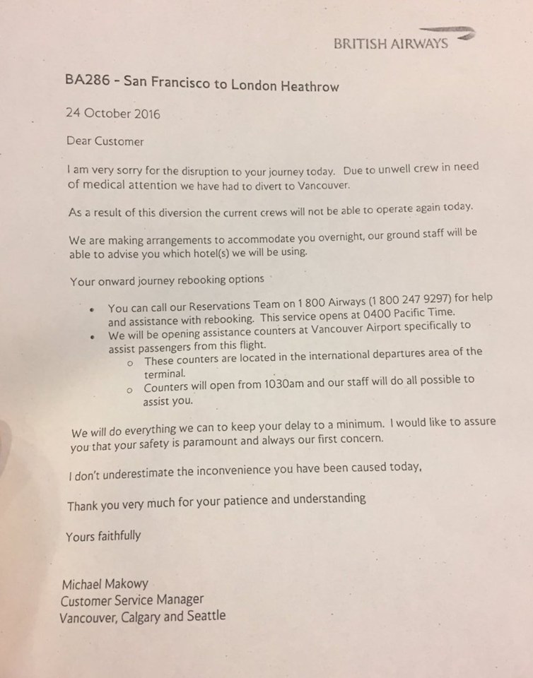 A letter given to customers explained the crew had become unwell