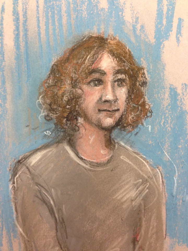 Court artist sketch of Damon Smith, 19, in the dock today where spoke only to confirm his name and address 