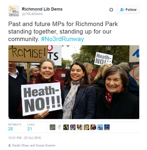 A picture from the Richmond Lib Dems Twitter feed showed the Baroness out campaigning with their candidate