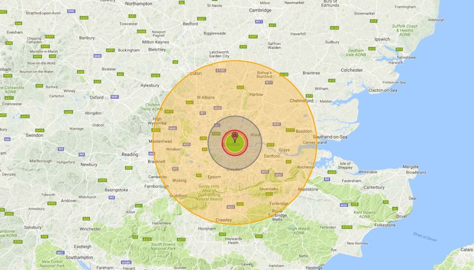 Blast radius... The whole of London would be swallowed up in nuclear fire