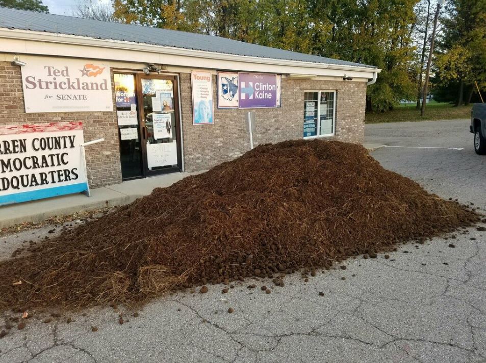 Poo-litical strife... The manure was dumped outside a Republican HQ