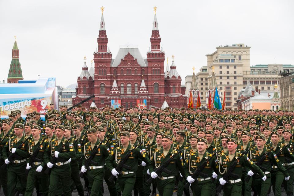 Some 10,000 troops marched through Red Square with a terrifying arsenal of missiles in a military parade