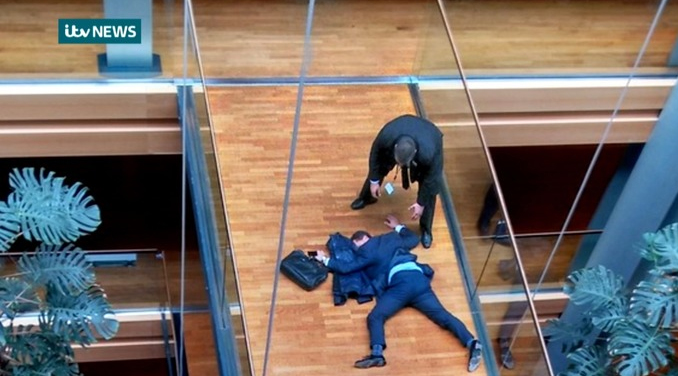 A picture showing Steven Woolfe apparently collapsed at the European Parliament