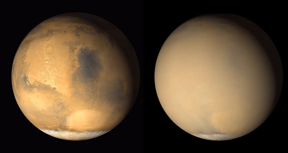 This incredible image shows what happened when a dust storm swept the planet in 2001. The left image show Mars as we know it, whilst the right shows how the storm has obscured its surface 