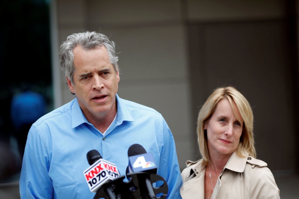 James Otis, the man who admits vandalizing Donald Trump's star on the Hollywood Walk of Fame, speaks to the media with his attorney Mieke ter Poorten about his arrest outside of the LAPD Metropolitan Detention Center in Los Angeles, California October 27, 2016. Donald Trump's star on the Hollywood Walk of Fame was vandalized earlier this week. REUTERS/Patrick T. Fallon
