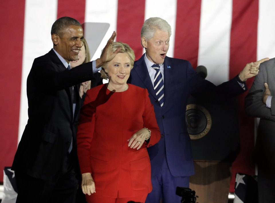 President Barack Obama, Democratic presidential candidate Hillary Clinton and former President Bill Clinton acknowledge the crowd during a campaign event at Independence Mall on Monday, Nov. 7, 2016 in Philadelphia. (AP Photo/Matt Slocum)