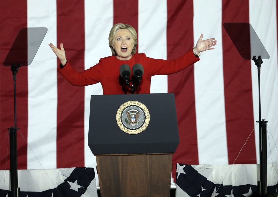 Democratic presidential candidate Hillary Clinton speaks during a campaign event at Independence Mall on Monday, Nov. 7, 2016 in Philadelphia. (AP Photo/Matt Slocum)