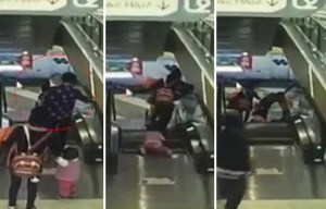 Horrifying moment gran slips on escalator and drops a baby to its death from 30ft