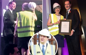 Theresa May shows no love is lost with George Osborne as she dresses in high-vis to poke fun at former rival while accepting award