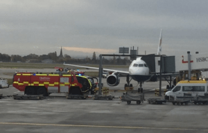 Fire crews rushed to the plane after it was forced to return to Heathrow airport after a technical fault