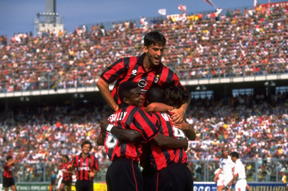 27 Aug 1995: Christian Panucci of AC Milan celebrates with team mates during a Serie A match against Padova Calcio at the Silvio Appiana Stadium in Padua, Italy. Mandatory Credit: Allsport UK /Allsport