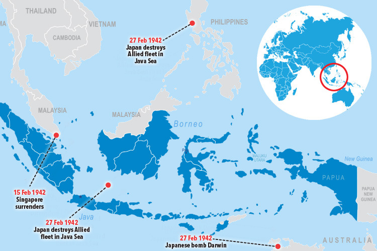 The Battle of the Java Sea happened on 27 Feb 1942 near Indonesia