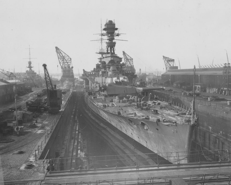 The wreck of HMS Repulse, pictured in Portsmouth dry docks, was found to have been plundered for scrap in 2014