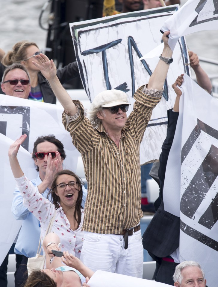 All aboard ... Pisani was among the crew when multi-millionaire Geldof, 65, stuck two fingers up at anti-EU fishermen during a protest on the Thames
