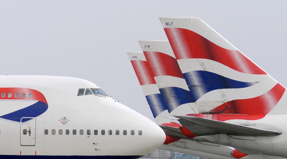 A British Airways Boeing 747 passenger jet taxis past other British Airways aircrafts at Terminal 5 of Heathrow Airport in west London March 21, 2010. Union leaders called on Sunday for talks with British Airways bosses to end strike action by cabi