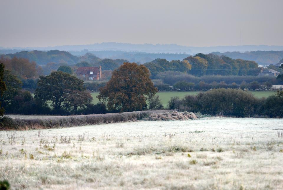 First frost of winter in rural East Sussex near the village of Ripe as the weather gets colder