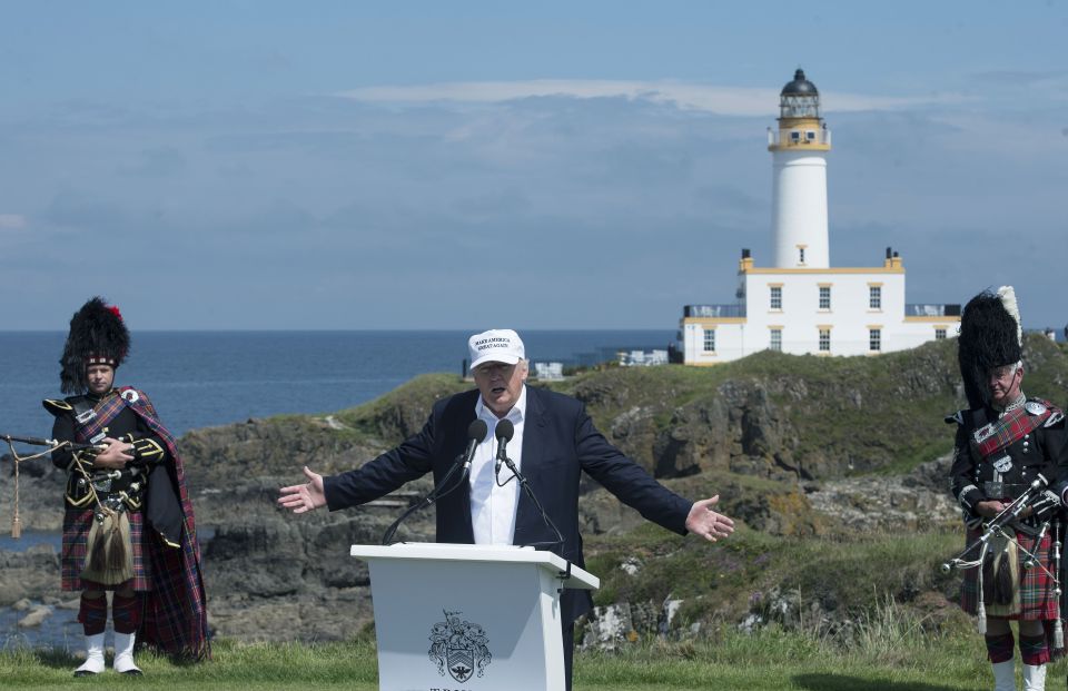 Trump has strong links to Scotland, with his mother born on the Isle of Lewis and his ownership of two golf courses. Here, he is pictured at Turnberry in June
