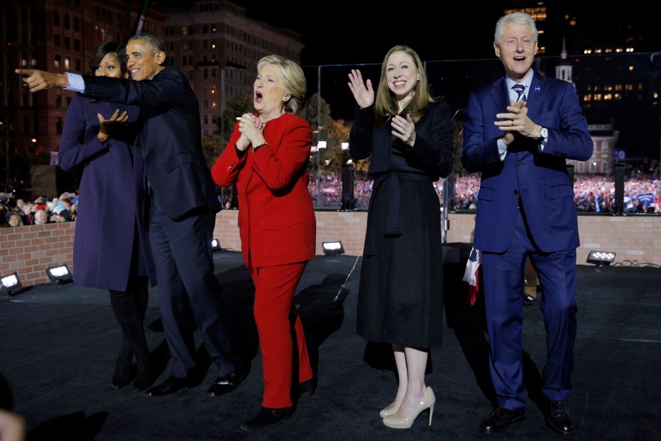 U.S. Democratic presidential nominee Hillary Clinton is joined by U.S. President Barack Obama, first lady Michelle Obama, former U.S. President Bill Clinton and Chelsea Clinton at a campaign rally on Independence Mall in Philadelphia