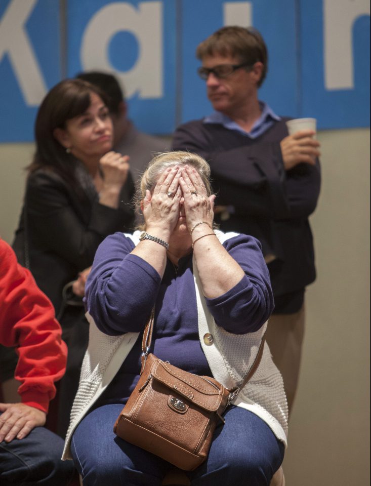 A woman reacts at the election night party for Democratic senate candidate Katie McGinty in Philadelphia 