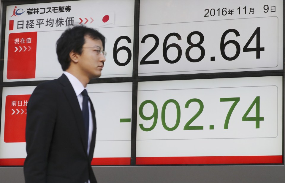 A man walks by a screen showing plunging stocks in Tokyo