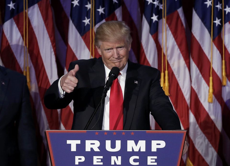 U.S. President-elect Donald Trump greets supporters during his election night rally in Manhattan