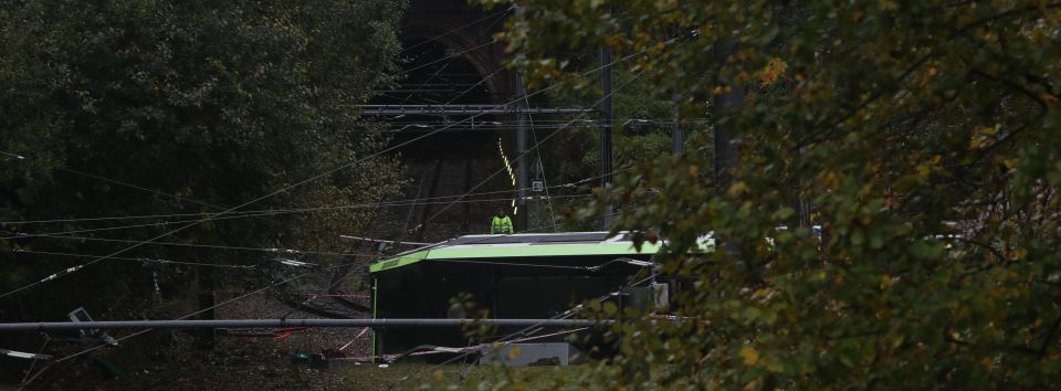 The overturned tram at Croydon this morning
