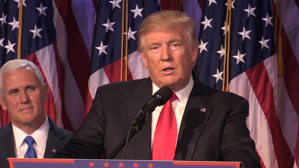Donald Trump as he makes his acceptance speech in New York 