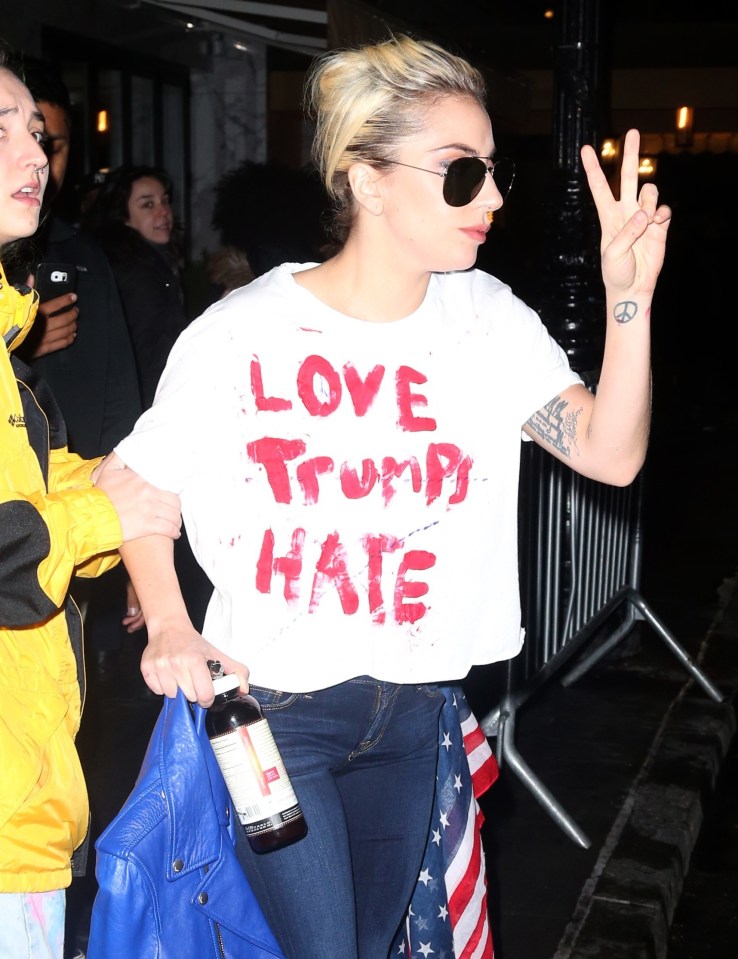 'Love Trumps Hate'... Lady Gaga heads out the day after the election 