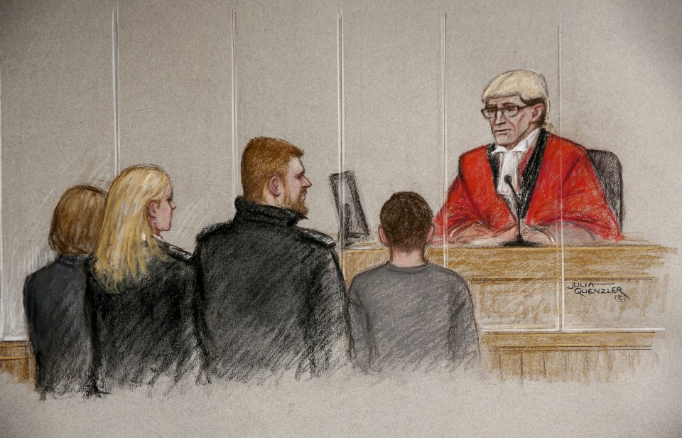 A court sketch of the sentencing of a15-year-old girl (L) and boy (R) who have both been sentenced to a minimum of 20 years in detention for murdering a mother and daughter in their beds as they slept