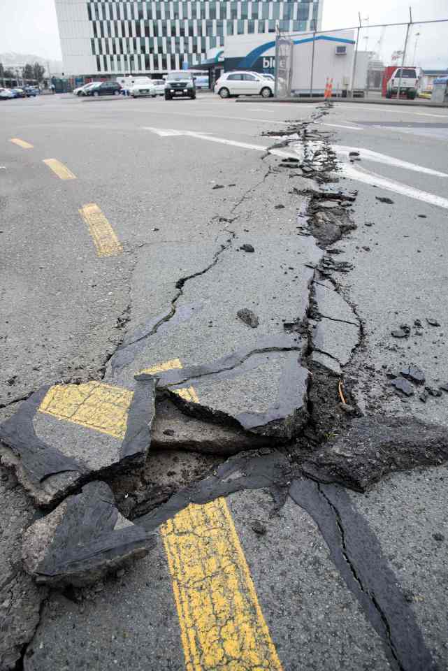 Damage to the road on the Wellington water front after a 7.8 earthquake centred in the South Island