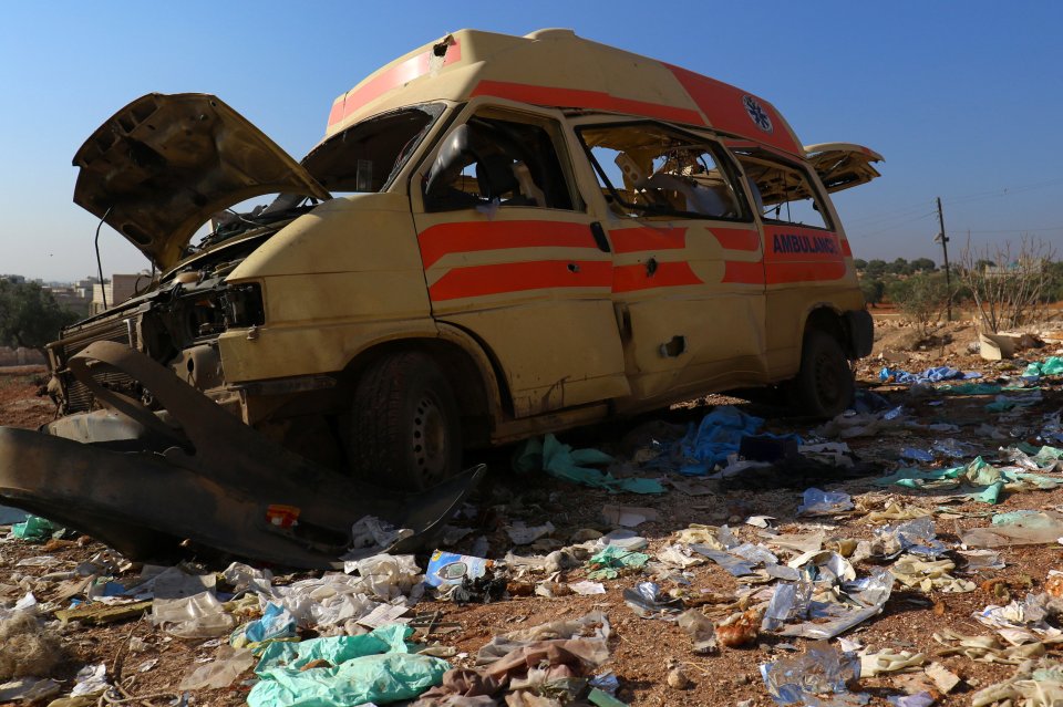 A damaged ambulance is pictured after an airstrike on the rebel-held town of Atareb, in the countryside west of Aleppo