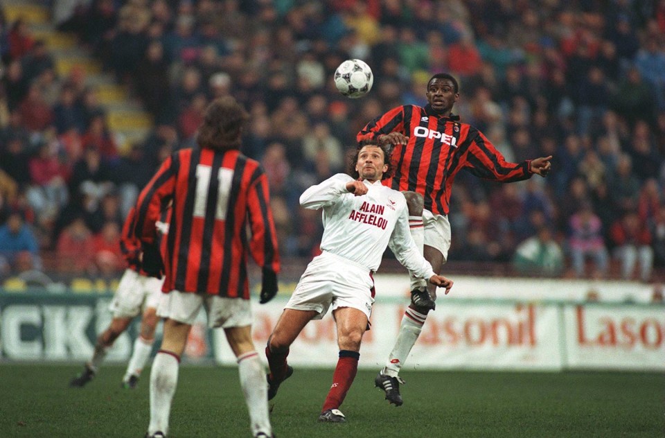 Laurent Croci, Bordeaux (centre) and Patrick Vieira, AC Milan (right) fight for the ball.