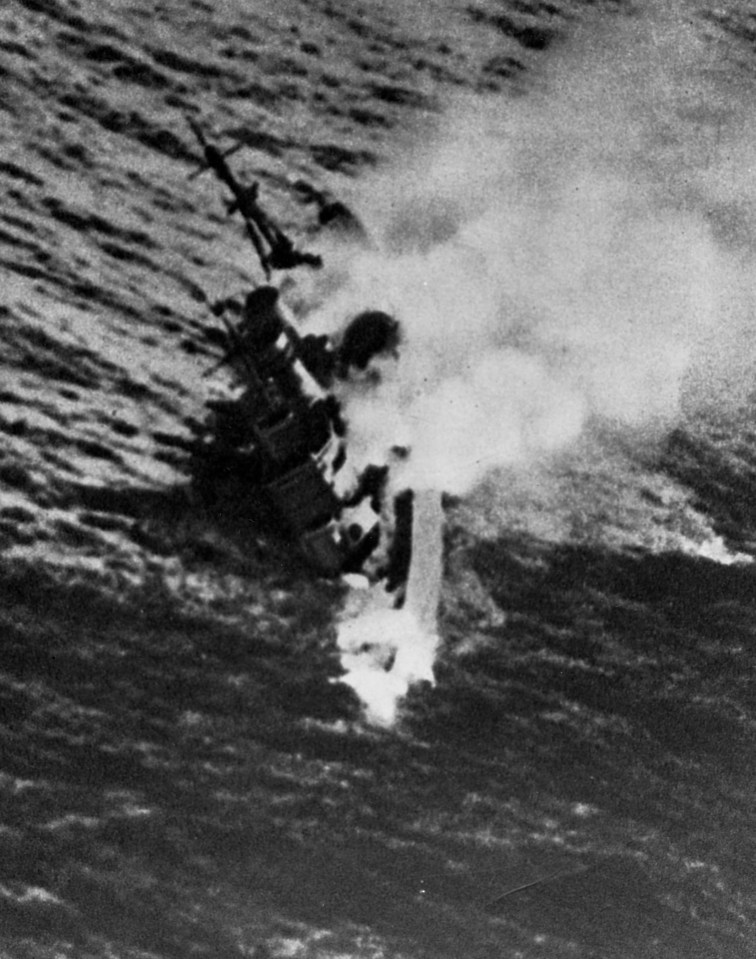British cruiser HMS Exeter goes down after heavy Japanese bombardment during the Battle of the Java Sea