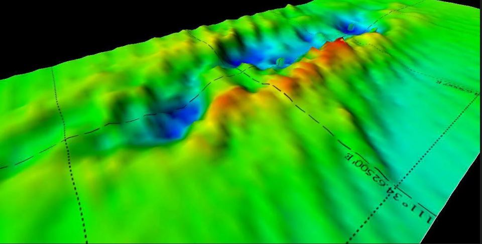 A 3D map showing the imprint on the seabed where the Exeter used to lie