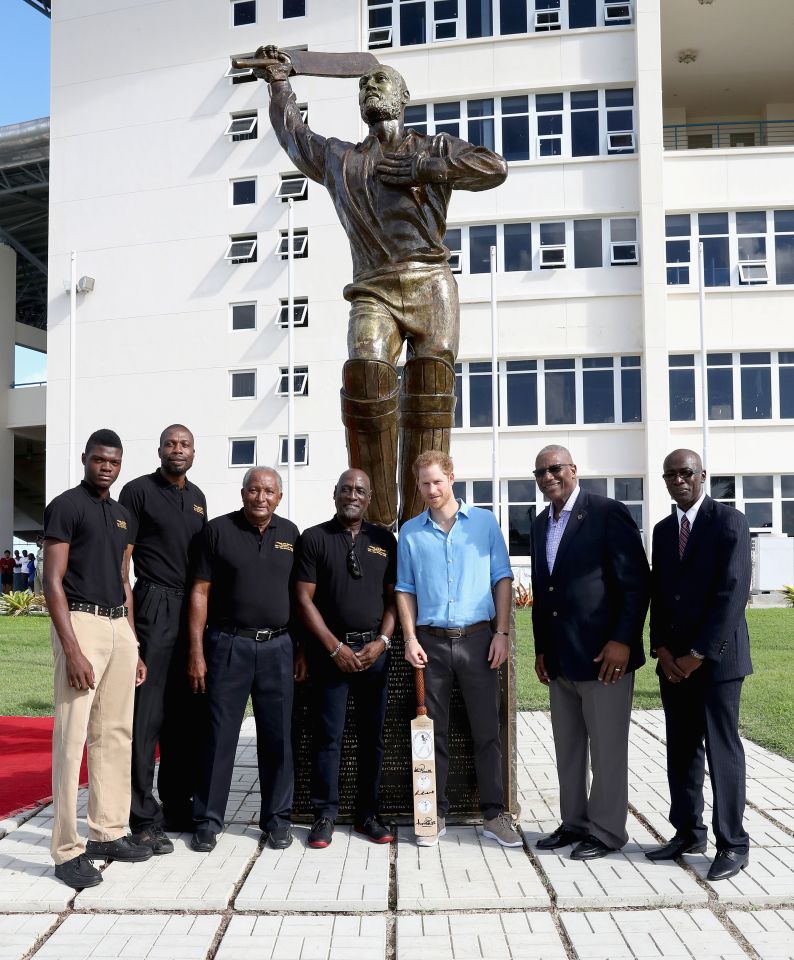 Cricketers Alzarri Joseph (left), Curtly Ambrose (second left), Andy Roberts (third left) and Vivian Richards (fourth left) pose with Prince Harry (third left) at a youth sports festival at the Sir Vivian Richards Stadium in North Sound, Antigua, on the second day of his tour of the Caribbean.