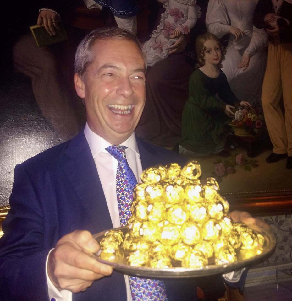 Mr Farage was pictured with a tray of Ferrero Rocher at a Brexit party last night