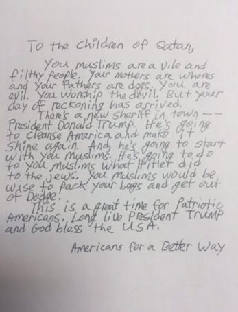 A sickening letter from a self-declared Donald Trump fan has been sent to several California mosques. The letter pledges to "do to Muslims what Hitler did to the Jews"