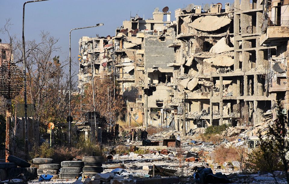 Destruction is seen in Aleppo's Bustan al-Basha neighbourhood 