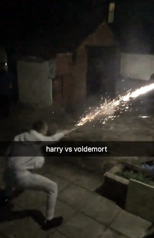 Others are heard laughing in the background as they pretend to fire spells