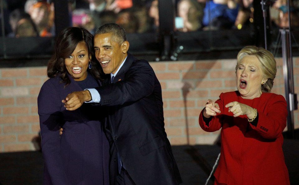 U.S. President Barack Obama, first lady Michelle Obama and Democratic presidential candidate Hillary Clinton react during a campaign rally for Clinton in Philadelphia, Pennsylvania November 7, 2016. REUTERS/Kevin Lamarque