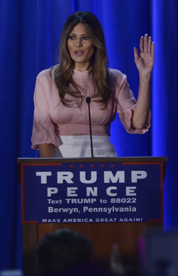 BERWYN, PA - NOVEMBER 03: Melania Trump, wife of Republican presidential nominee Donald Trump, campaigns at a rally for Donald Trump at the Main Line Sports Center on November 3, 2016 in Berwyn, Pennsylvania. (Photo by Leigh Vogel/WireImage)