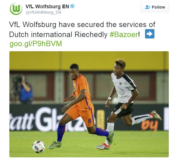 Wolfsburg have signed Riechedly Bazoer from Ajax